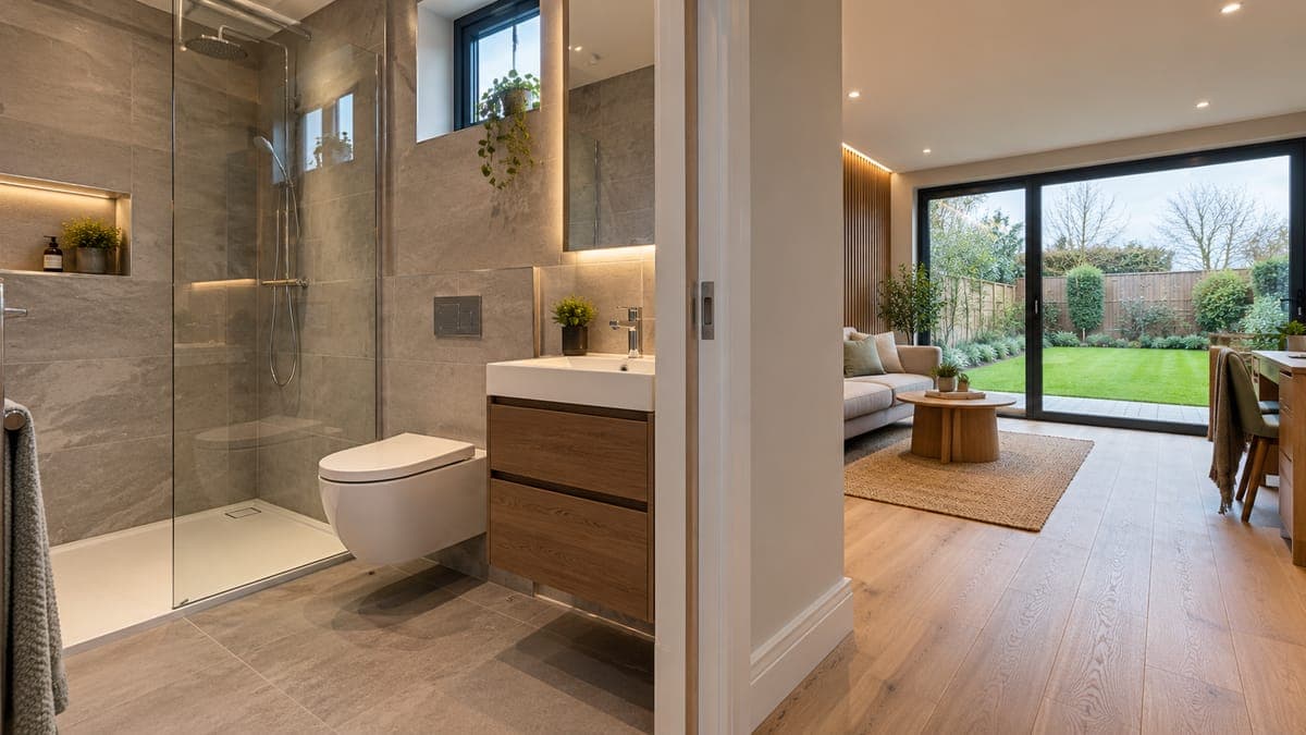Illustration of a compact shower room with a wall-hung toilet and vanity inside a contemporary garden room, with the main room and garden glazing beyond.